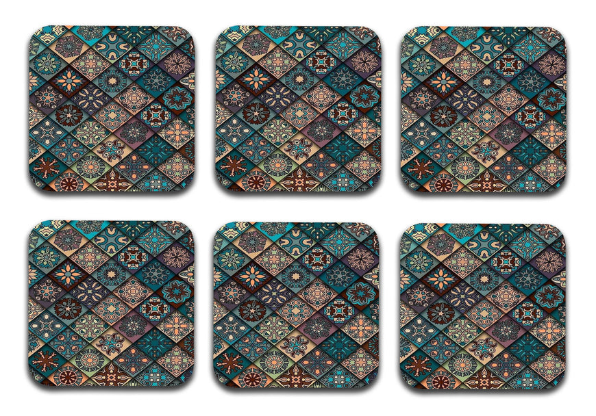 Green Mandala Wooden Designer Printed Square Tea Coasters (MDF Wooden, Set of 6 Pieces)