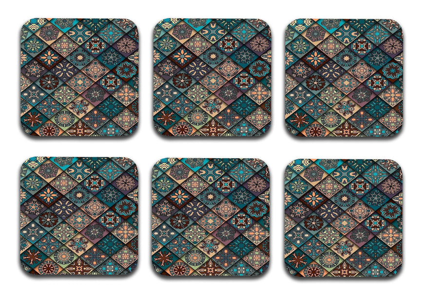 Green Mandala Wooden Designer Printed Square Tea Coasters (MDF Wooden, Set of 6 Pieces)