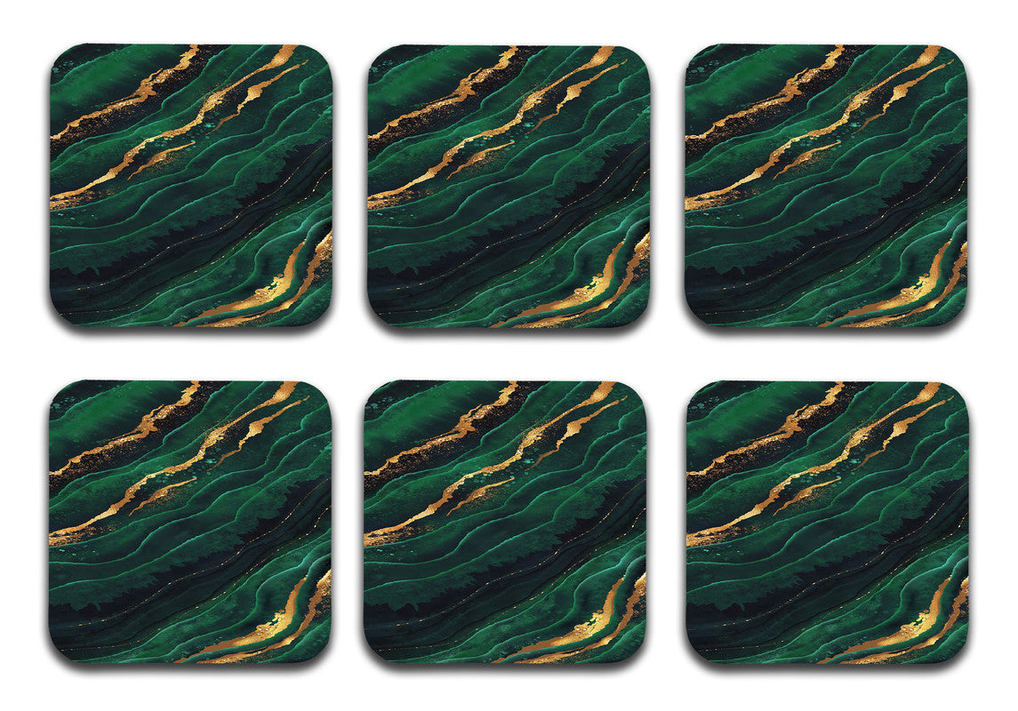 Printed Dark Green And Gold Pattern Designer Printed Square Tea Coasters  (MDF Wooden, Set Of 6 Pieces Coaster)