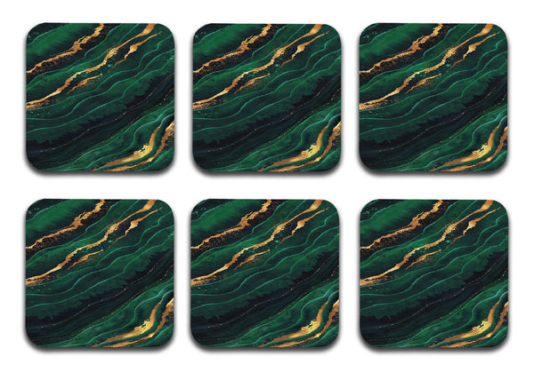 Printed Dark Green And Gold Pattern Designer Printed Square Tea Coasters  (MDF Wooden, Set Of 6 Pieces Coaster)