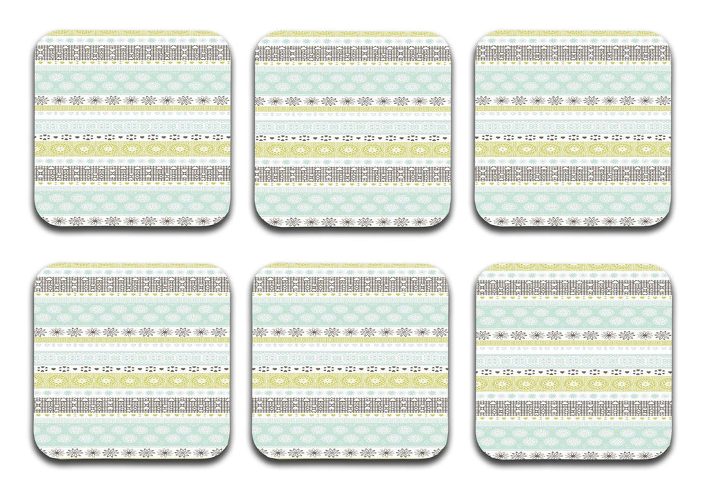 Printed Pattern Designer Printed Square Tea Coasters With Stand (MDF Wooden, Set Of 6 Pieces Coaster)