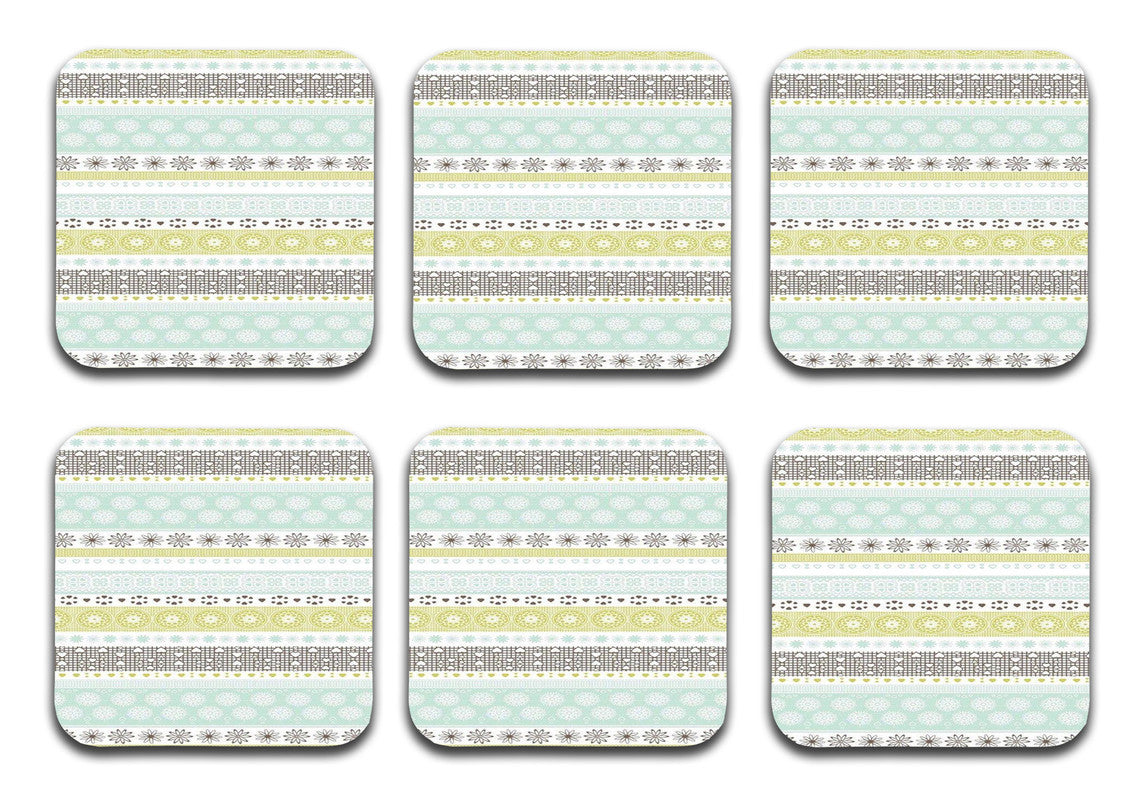 Printed Pattern Designer Printed Square Tea Coasters With Stand (MDF Wooden, Set Of 6 Pieces Coaster)