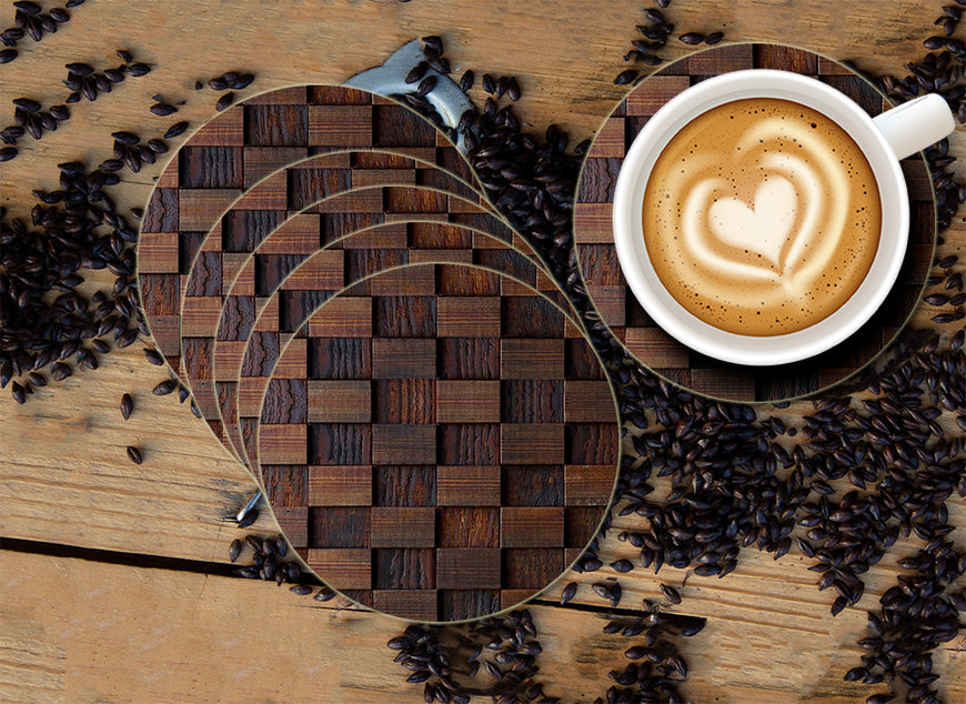 Wooden Pattern Designer Printed Round Tea Coasters (MDF Wooden, Set Of 6 Pieces)