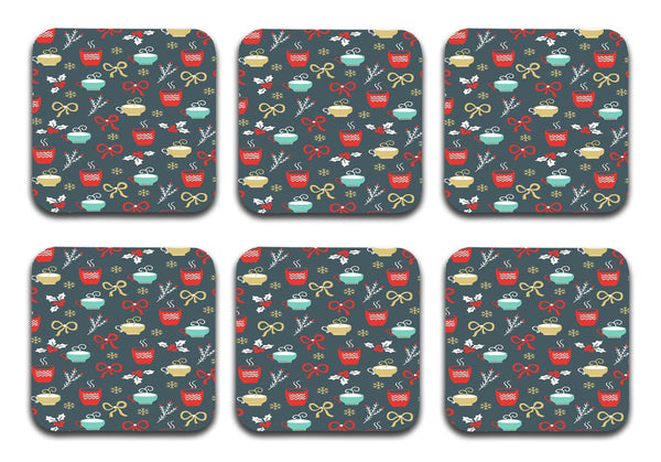 Printed Coffee Pattern Designer Printed Square Tea Coasters  (MDF Wooden, Set Of 6 Pieces Coaster)