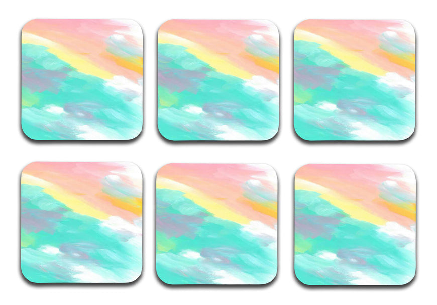 Watercolor Paint Designer Printed Square Tea Coasters With Stand (MDF Wooden, Set Of 6 Pieces Coaster And 1 Stand)