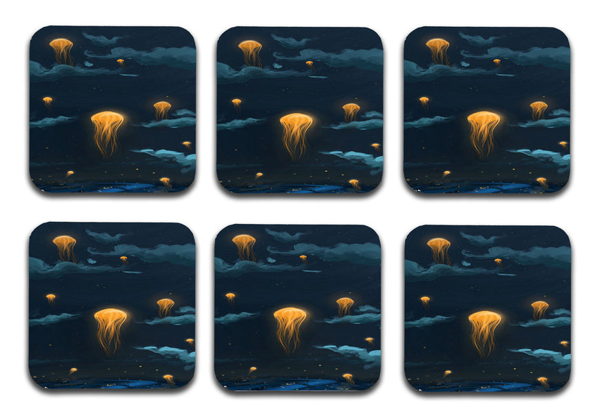 Jellyfish Designer Printed Square Tea Coasters With Stand (MDF Wooden, Set Of 6 Pieces Coaster And 1 Stand)