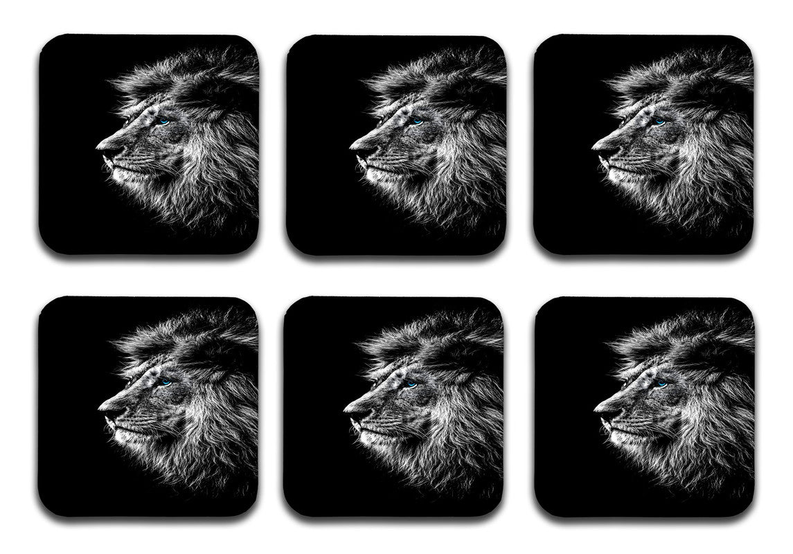Printed Black Lion Pattern Designer Printed Square Tea Coasters  (MDF Wooden, Set Of 6 Pieces Coaster)