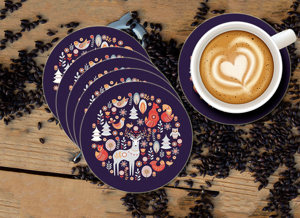 fox owl Pattern Designer Printed Round Tea Coasters (MDF Wooden, Set Of 6 Pieces)