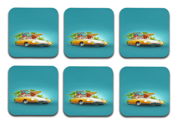 Summer Travel MDF Wooden Printed Square Coasters for Home and Kitchen | Dining Table Decor (Set of 6 Pieces)