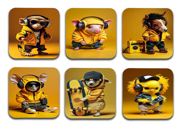 Music Monkey MDF Wooden Printed Square Coasters for Home and Kitchen | Dining Table Decor (Set of 6 Pieces)