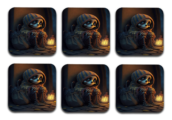 Skull Pattern MDF Wooden Printed Square Coasters for Home and Kitchen | Dining Table Decor (Set of 6 Pieces)