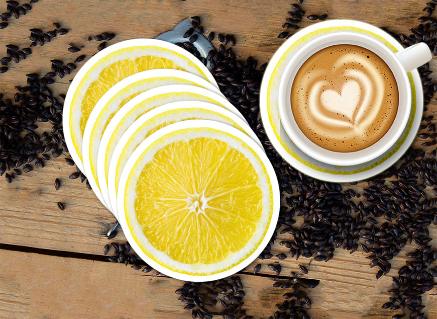 Lemon Designer Printed Round Tea Coasters (MDF Wooden, Set Of 6 Pieces)