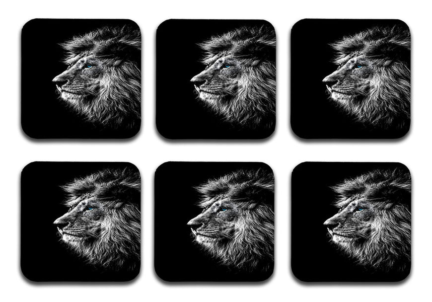 Printed Black Lion Pattern Designer Printed Square Tea Coasters With Stand (MDF Wooden, Set Of 6 Pieces Coaster And 1 Stand)
