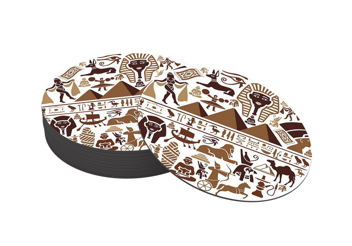 Ancient Egypt Vector Pattern Designer Printed Round Tea Coasters (MDF Wooden, Set Of 6 Pieces)