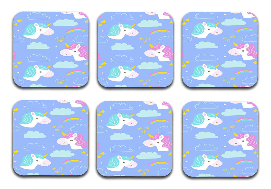 Unicorn Pattern Designer Printed Square Tea Coasters With Stand (MDF Wooden, Set Of 6 Pieces Coaster And 1 Stand)