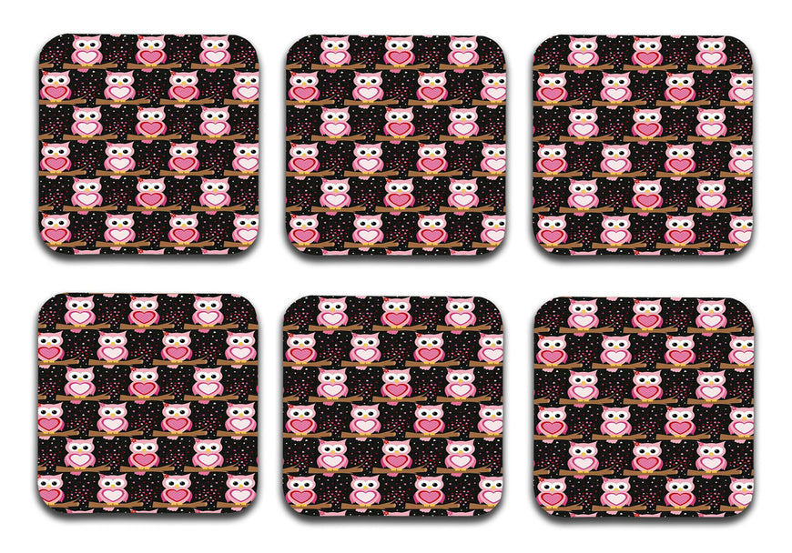 Cute Owls Pattern Designer Printed Square Tea Coasters With Stand (MDF Wooden, Set Of 6 Pieces Coaster And 1 Stand)