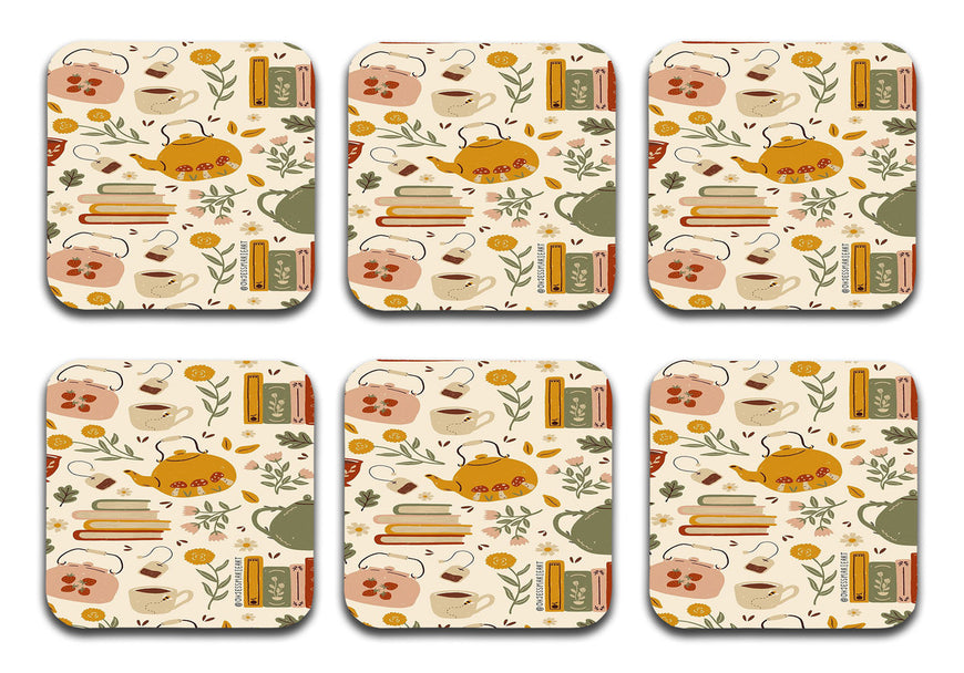Printed Tea Time Designer Printed Square Tea Coasters  (MDF Wooden, Set Of 6 Pieces Coaster)