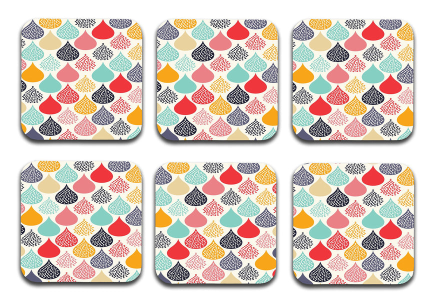 Colorful Waterdrop Designer Printed Square Tea Coasters With Stand (MDF Wooden, Set Of 6 Pieces Coaster And 1 Stand)
