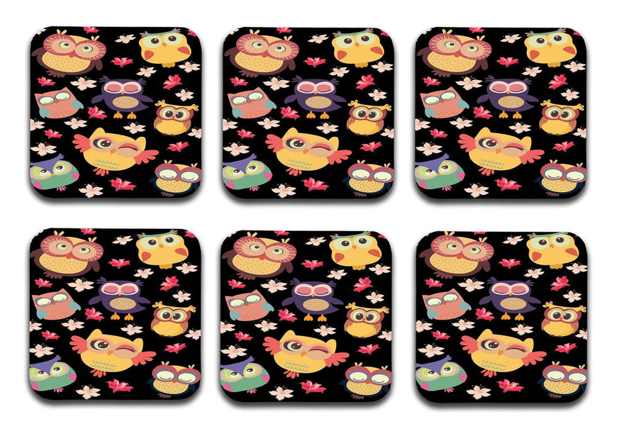 Cute Owls Designer Printed Square Tea Coasters With Stand (MDF Wooden, Set Of 6 Pieces Coaster And 1 Stand)
