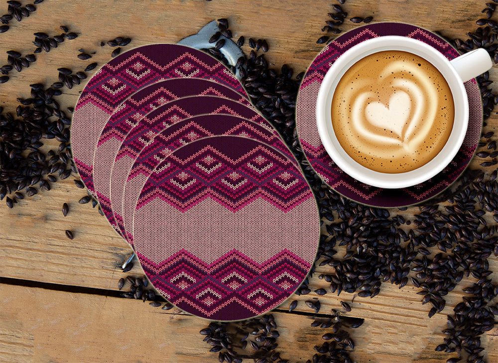 Beautiful knitted fabric pattern Designer Printed Round Tea Coasters (MDF Wooden, Set Of 6 Pieces)