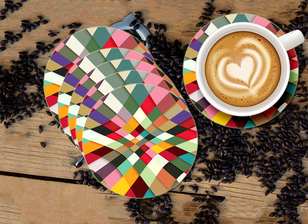 Colorful geometric Designer Printed Round Tea Coasters (MDF Wooden, Set Of 6 Pieces)