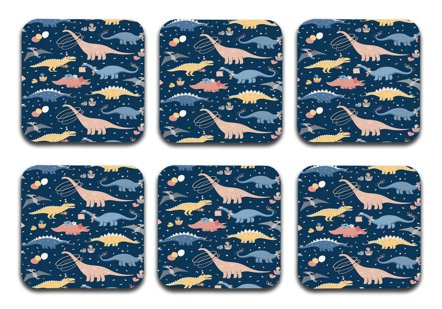 Printed Cute Dragon Pattern Designer Printed Square Tea Coasters With Stand (MDF Wooden, Set Of 6 Pieces Coaster And 1 Stand)