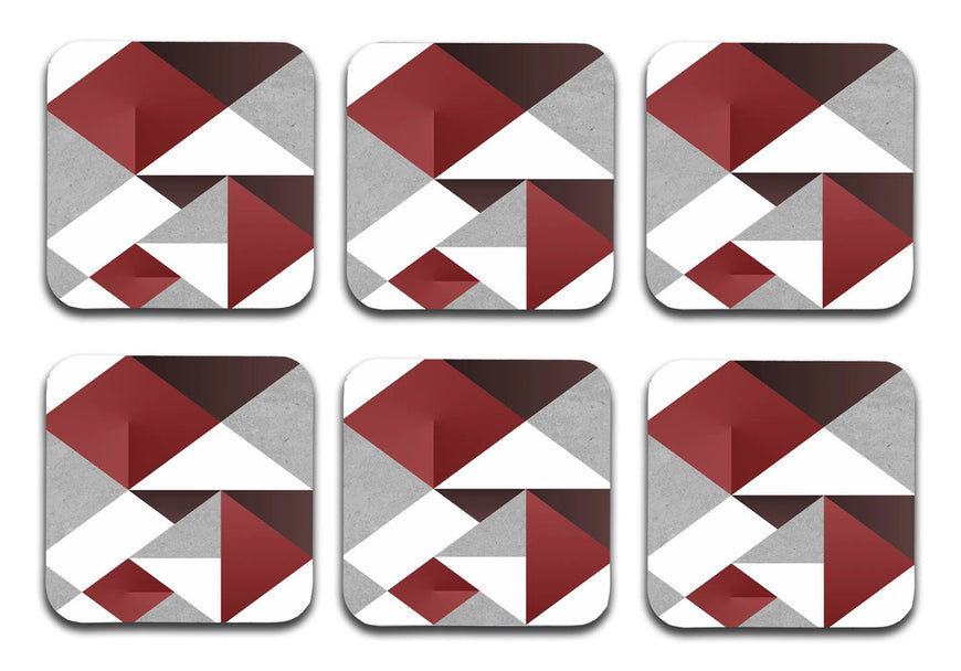 Red And Gray Pattern Designer Printed Square Tea Coasters With Stand (MDF Wooden, Set Of 6 Pieces Coaster And 1 Stand)