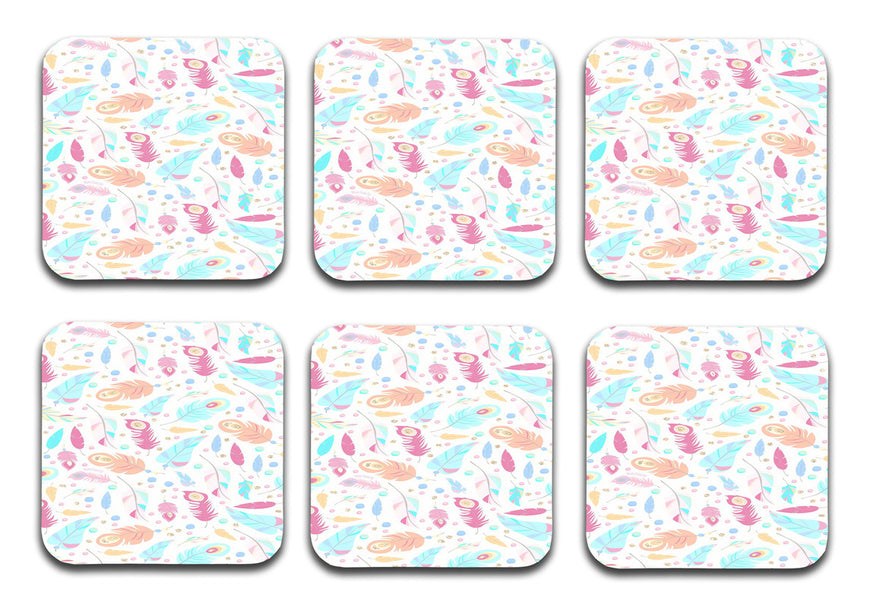 Boho Feather Designer Printed Square Tea Coasters With Stand (MDF Wooden, Set Of 6 Pieces Coaster And 1 Stand)