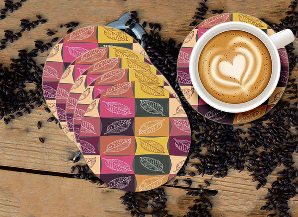 Leaf pattern Designer Printed Round Tea Coasters (MDF Wooden, Set Of 6 Pieces)