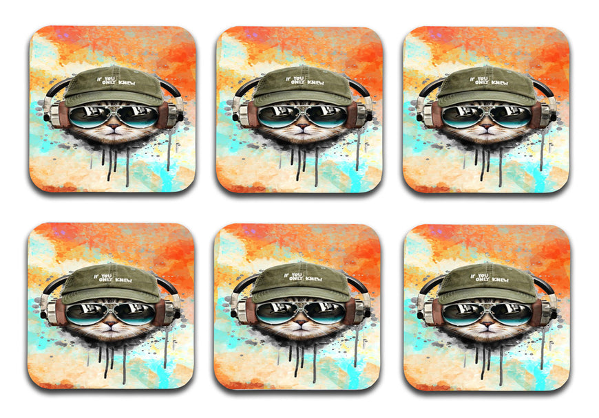 Watercolor Cat MDF Wooden Printed Square Coasters for Home and Kitchen | Dining Table Decor (Set of 6 Pieces)