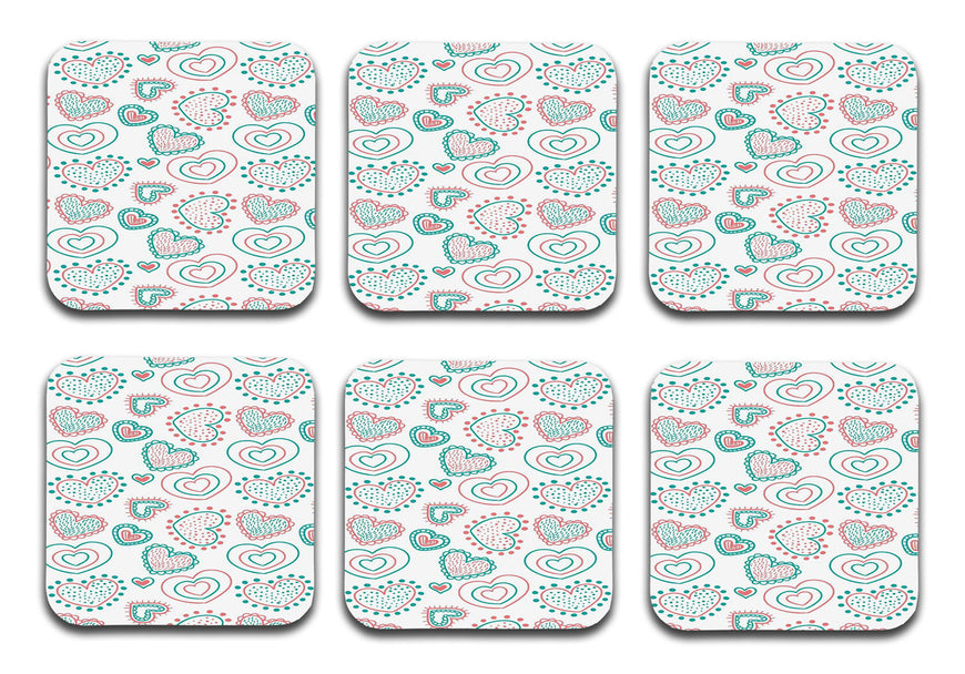 Valentine Pattern Designer Printed Square Tea Coasters With Stand (MDF Wooden, Set Of 6 Pieces Coaster And 1 Stand)