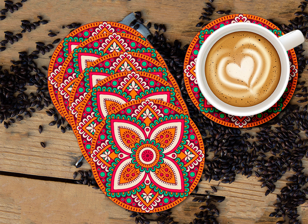 Flower Mandala Designer Printed Round Tea Coasters (MDF Wooden, Set Of 6 Pieces)