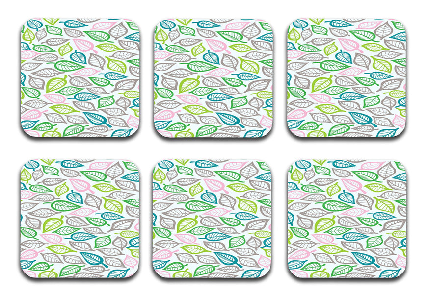 Printed Leaf Pattern Designer Printed Square Tea Coasters With Stand (MDF Wooden, Set Of 6 Pieces Coaster And 1 Stand)