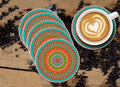 Colorful Mandala Designer Printed Round Tea Coasters (MDF Wooden, Set Of 6 Pieces)