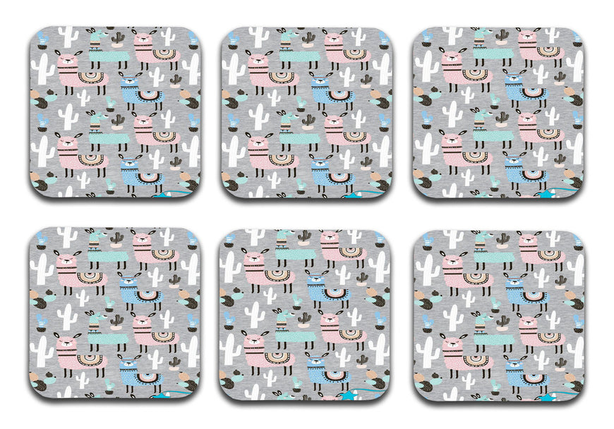 Llama Pattern Designer Printed Square Tea Coasters With Stand (MDF Wooden, Set Of 6 Pieces Coaster And 1 Stand)