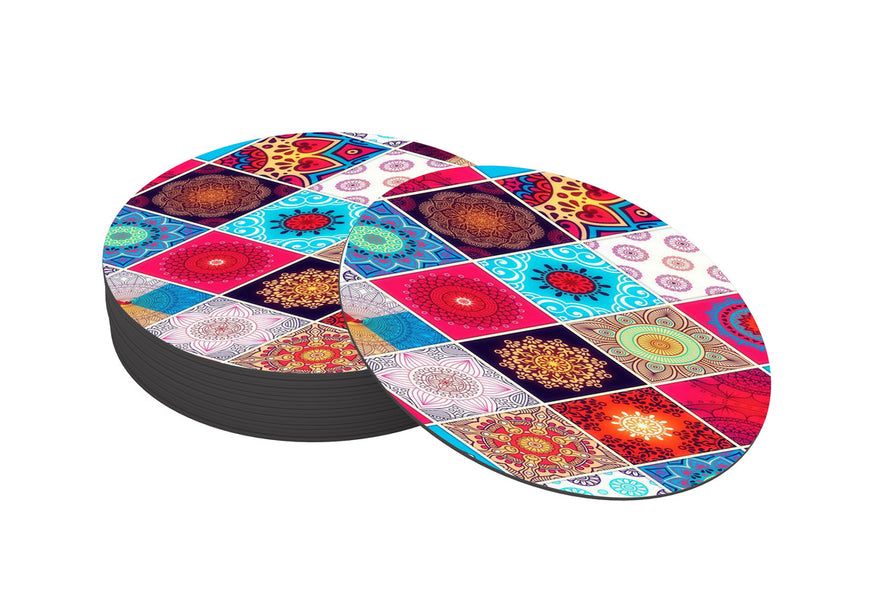 Mandala Pattern Designer Printed Round Tea Coasters (MDF Wooden, Set Of 6 Pieces)