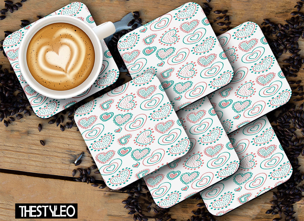 Valentine Pattern Designer Printed Square Tea Coasters With Stand (MDF Wooden, Set Of 6 Pieces Coaster And 1 Stand)