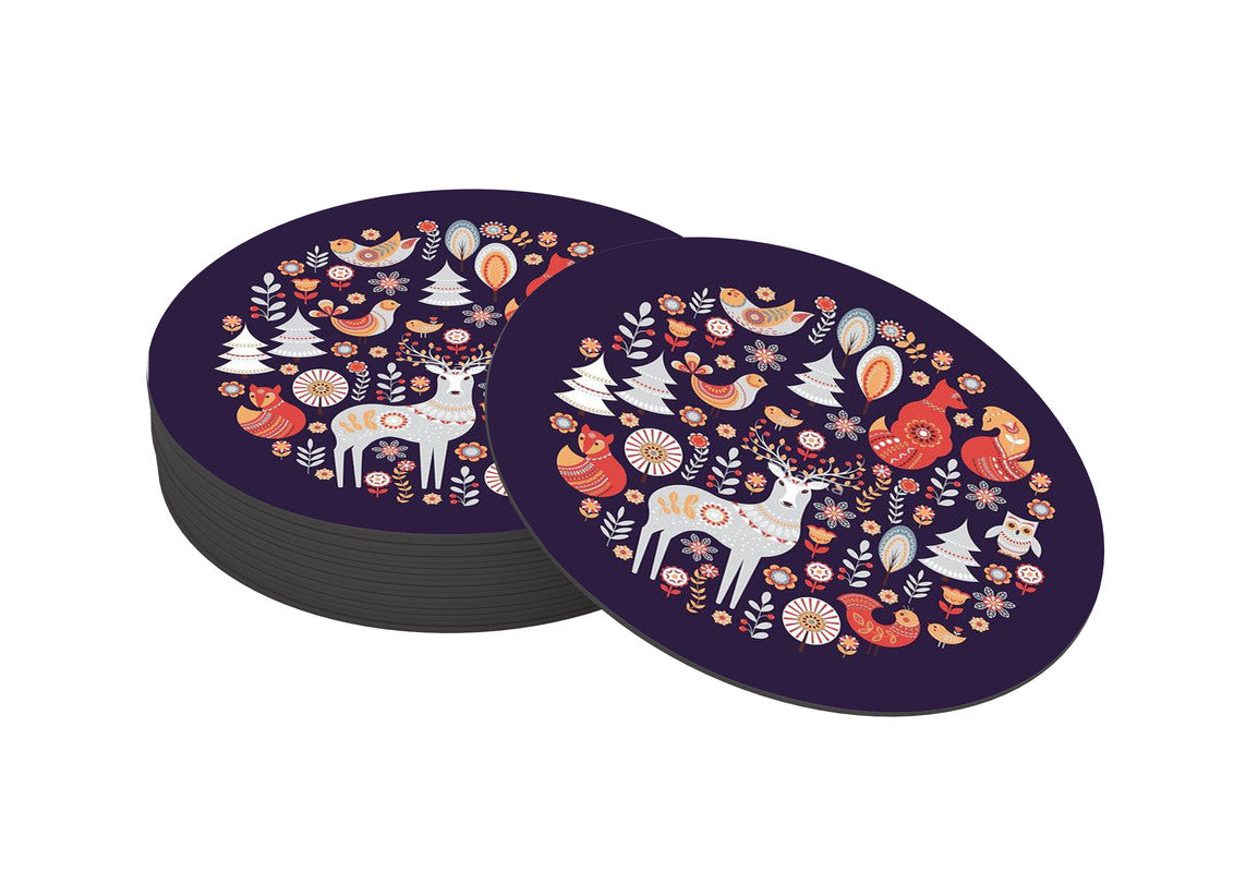 fox owl Pattern Designer Printed Round Tea Coasters (MDF Wooden, Set Of 6 Pieces)