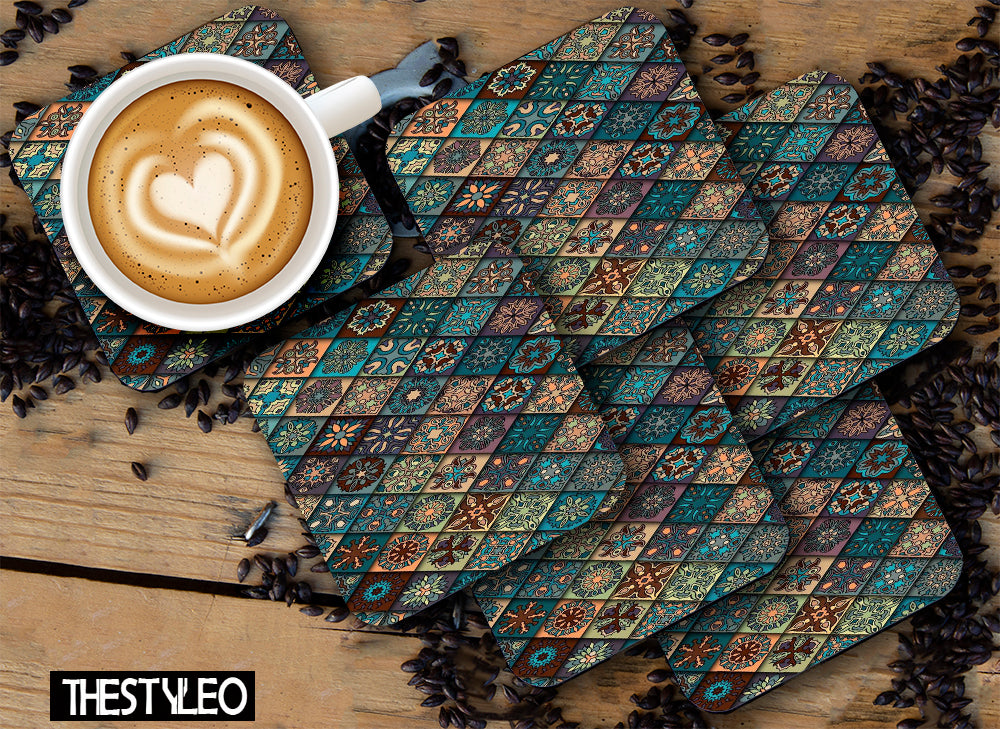Green Mandala Wooden Designer Printed Square Tea Coasters (MDF Wooden, Set of 6 Pieces)