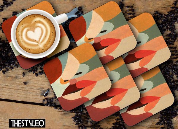 Abstract Art Designer Printed Square Tea Coasters With Stand (MDF Wooden, Set Of 6 Pieces Coaster And 1 Stand)