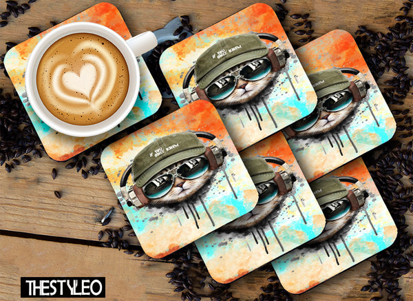 Watercolor Cat MDF Wooden Printed Square Coasters for Home and Kitchen | Dining Table Decor (Set of 6 Pieces)