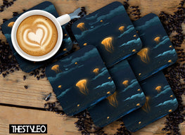 Jellyfish Designer Printed Square Tea Coasters With Stand (MDF Wooden, Set Of 6 Pieces Coaster And 1 Stand)