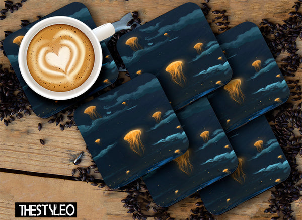 Jellyfish Designer Printed Square Tea Coasters With Stand (MDF Wooden, Set Of 6 Pieces Coaster And 1 Stand)