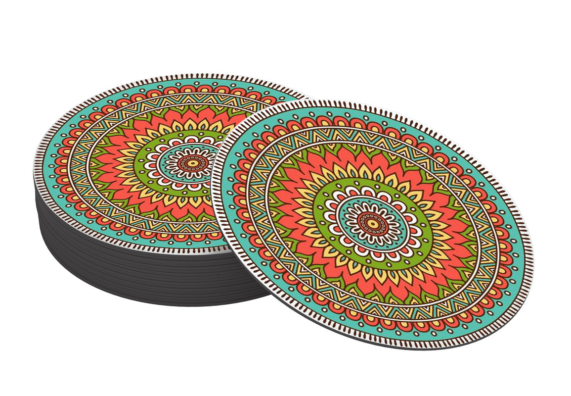 Colorful Mandala Designer Printed Round Tea Coasters (MDF Wooden, Set Of 6 Pieces)