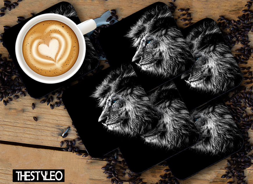 Printed Black Lion Pattern Designer Printed Square Tea Coasters With Stand (MDF Wooden, Set Of 6 Pieces Coaster And 1 Stand)