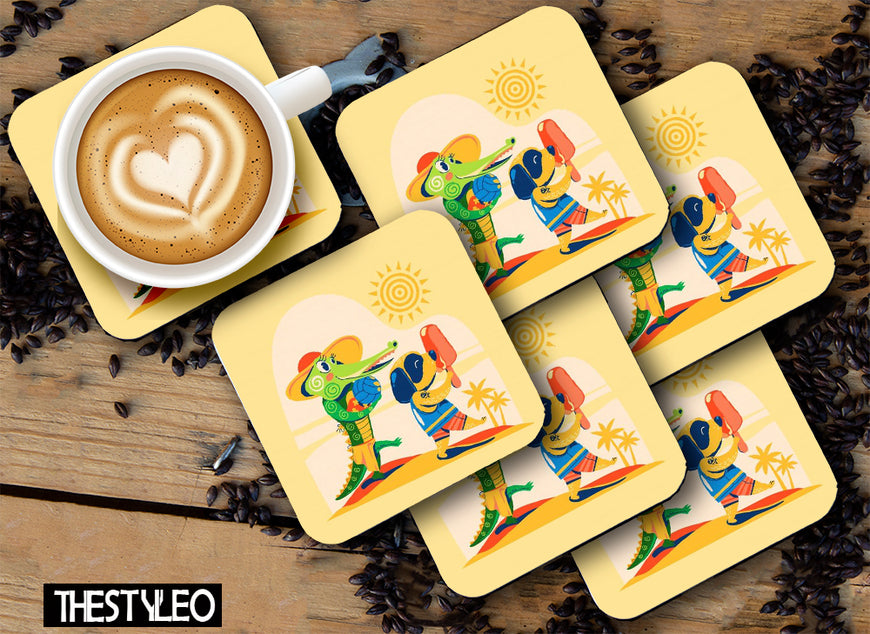 Cute Crocodile Wooden Designer Printed Square Tea Coasters (MDF Wooden,Setof 6 Pieces)
