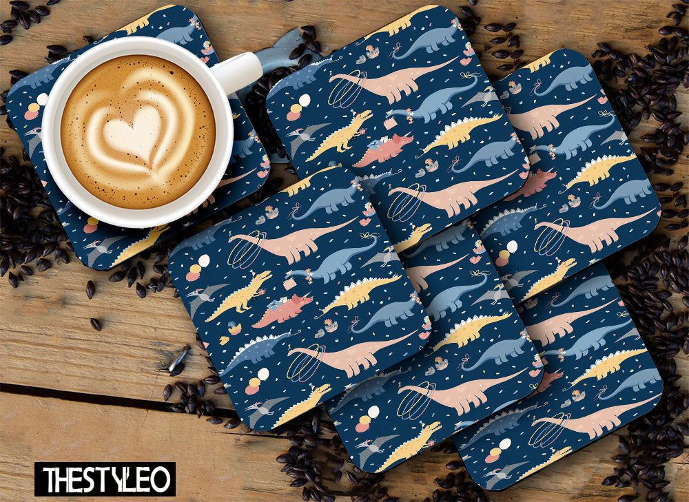 Printed Cute Dragon Pattern Designer Printed Square Tea Coasters  (MDF Wooden, Set Of 6 Pieces Coaster)