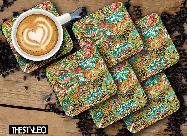 Flowers Designer Printed Square Tea Coasters With Stand (MDF Wooden, Set Of 6 Pieces Coaster And 1 Stand)