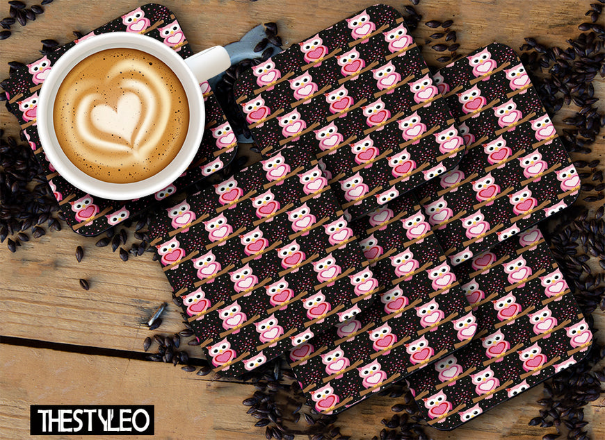 Cute Owls Pattern Designer Printed Square Tea Coasters With Stand (MDF Wooden, Set Of 6 Pieces Coaster And 1 Stand)