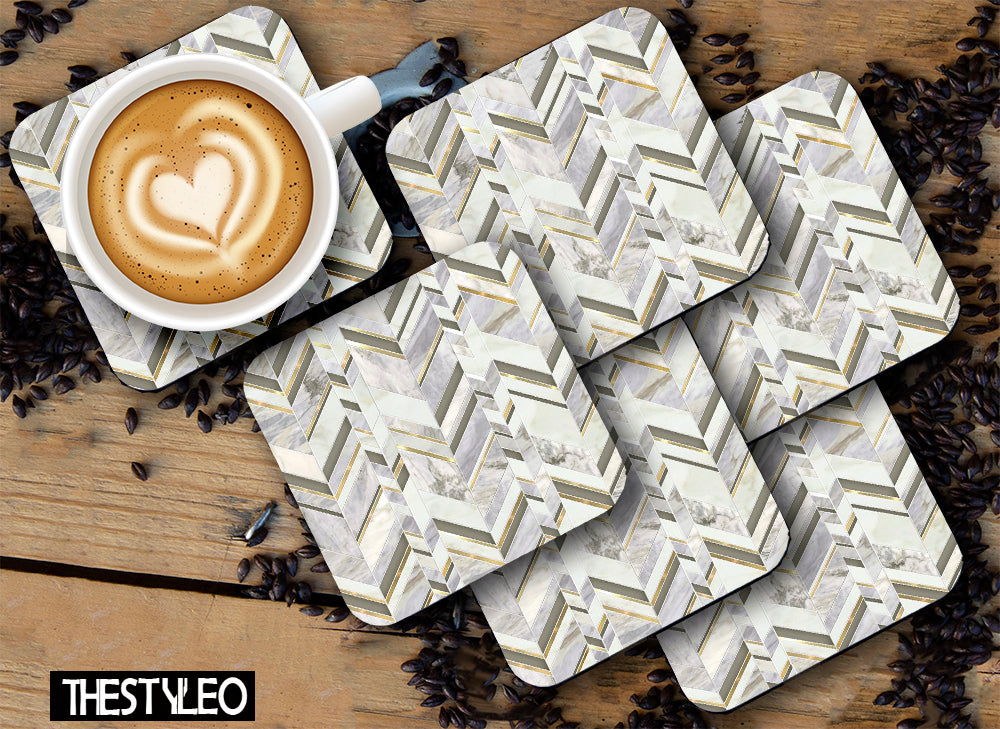 Printed Marble White Pattern MDF Wooden Coasters For Home And Kitchen(Set Of 6  Pieces)
